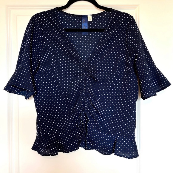 Francesca’s Navy Blue Blouse with White Polka Dots - Picture 1 of 5